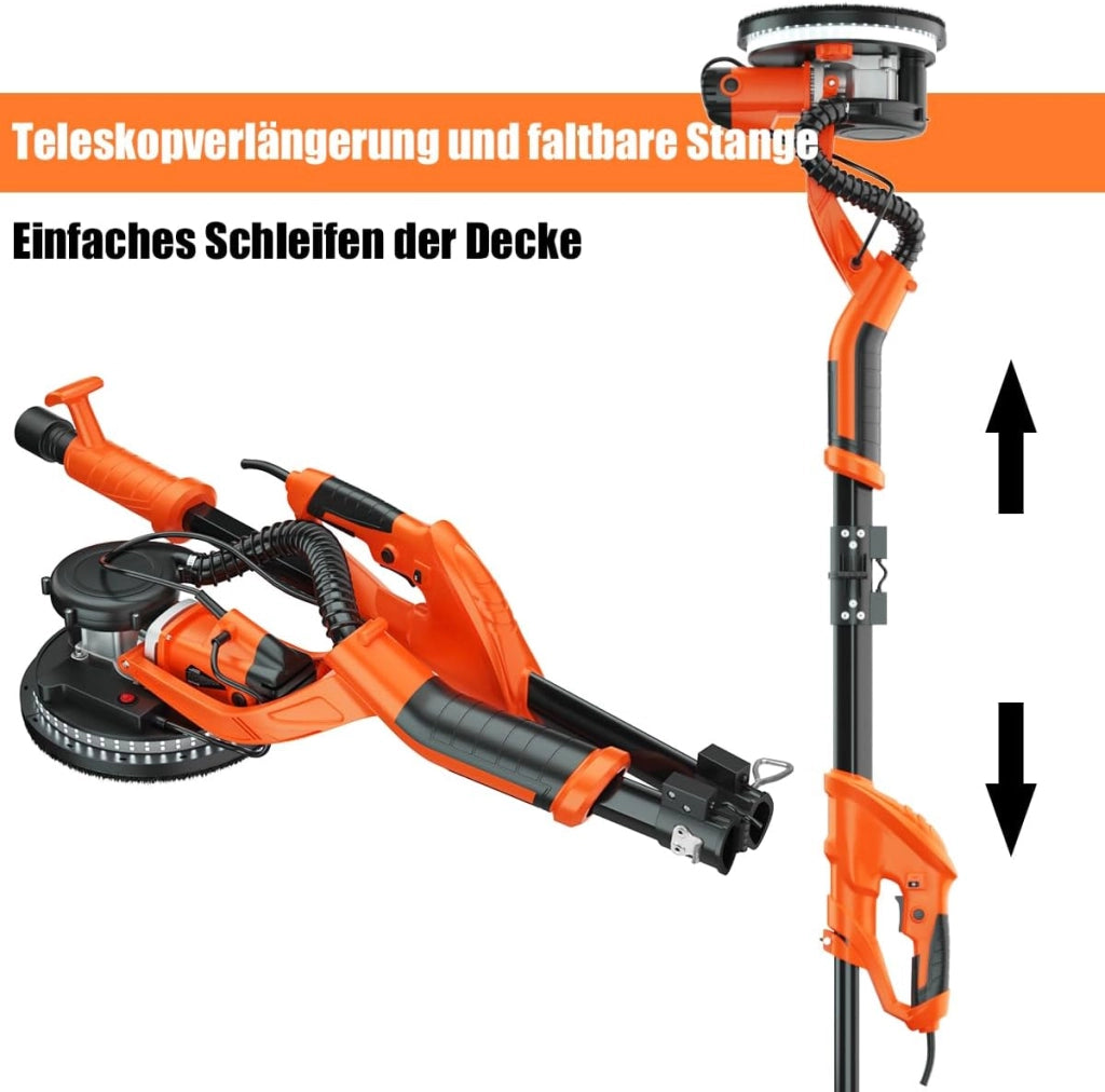 Levigatrice per Muro 750W, Ø 250 MM, 6 Velocità Massima di Rotazione 1750 Giri/Min, Giraffa Levigatrice con Manico Telescopico, Luce LED, 12 Carte Abrasivi & Sacchetto, per Muro, Soffitti