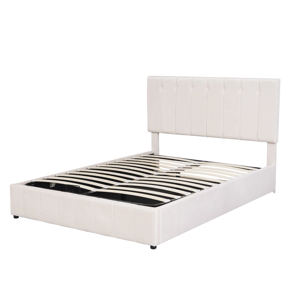 Letto imbottito 140x200 cm; contenitore idraulico; velluto; bianco crema (Senza materasso)