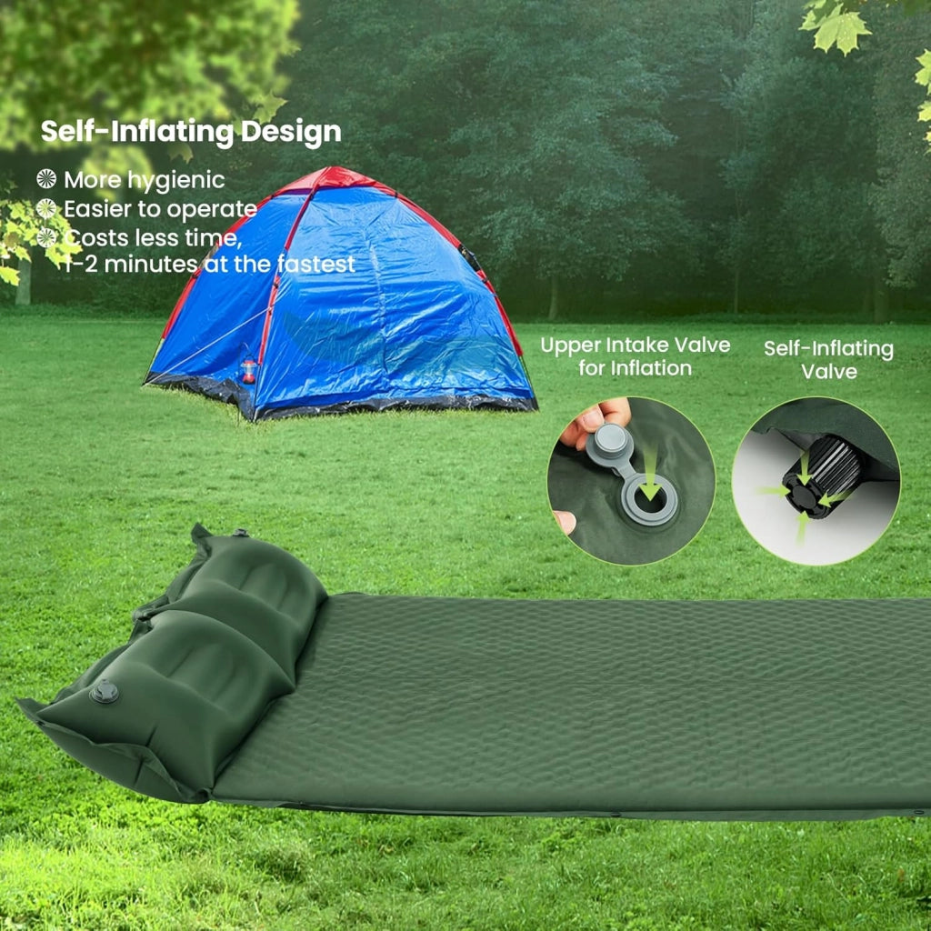 Doppio materassino autogonfiante, tappetino da campeggio con cuscino integrato e borsa per il trasporto, per 2 persone, per campeggio, attività all'aperto, per viaggi, spiaggia (verde)