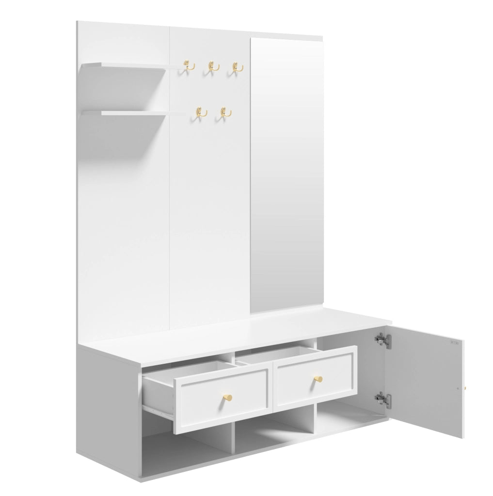 Set guardaroba 120.0x35.0x159.0 cm con specchio e 5 ganci in truciolato bianco