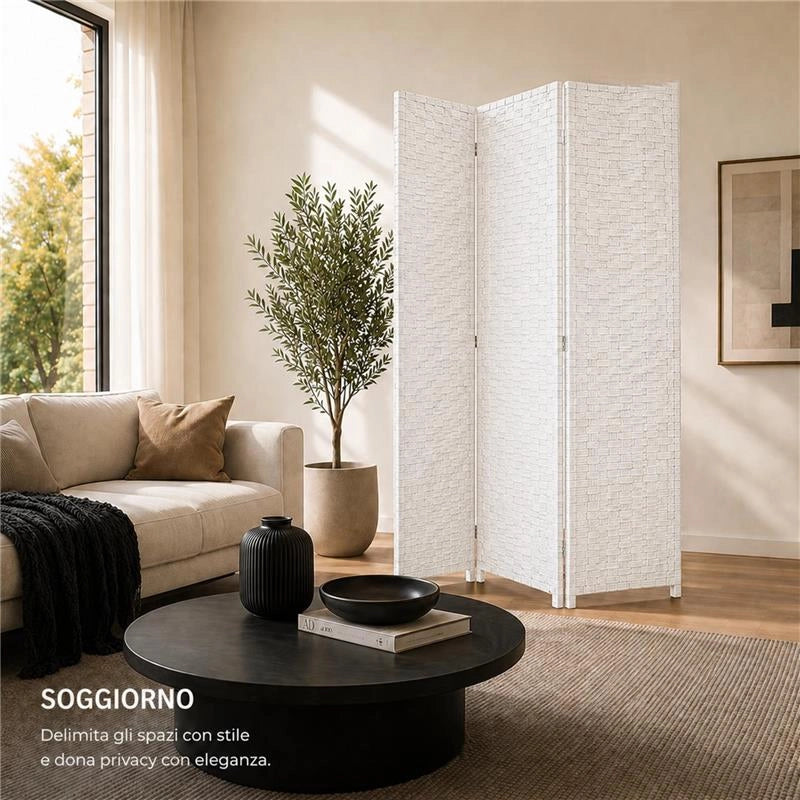 SEPARE' CON TRE PANNELLI IN PLASTICA BIANCO CON STRUTTURA IN LEGNO MISURE: 180X135CM