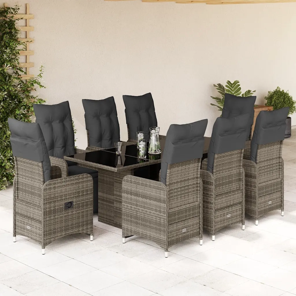 Set BistrÃ² da Giardino 9 pz con Cuscini in Polyrattan Grigio
