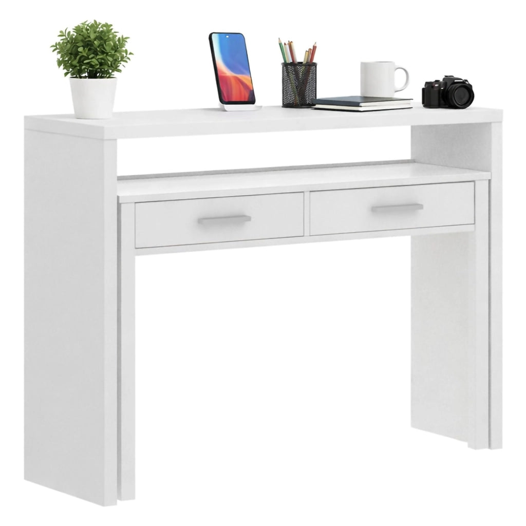 Scrivania Abarath, Scrittoio multiposizione con piano estraibile, Consolle da studio lineare con 2 cassetti, 99x70h88 cm, Bianco