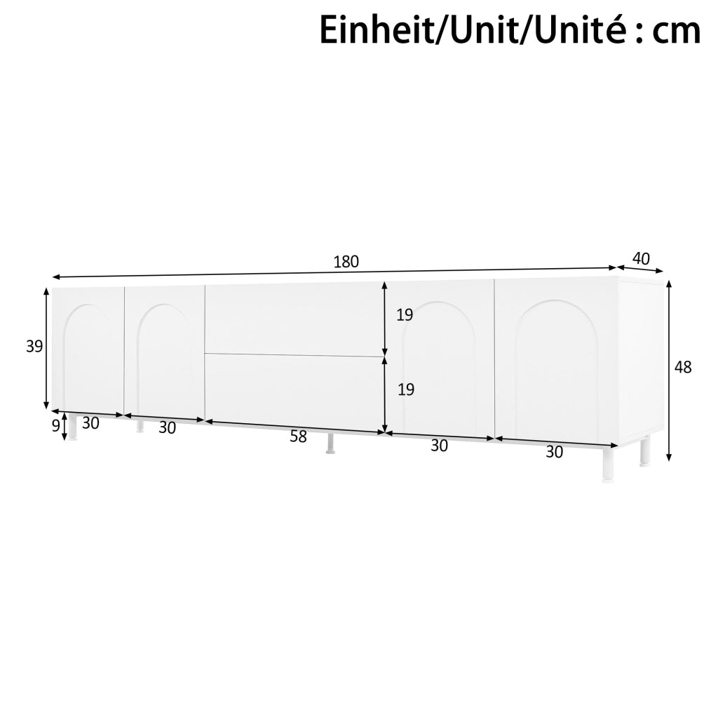 Mobile TV 180x40x48 cm con 4 ante; 2 cassetti e passacavi in MDF e pannelli di particelle bianco