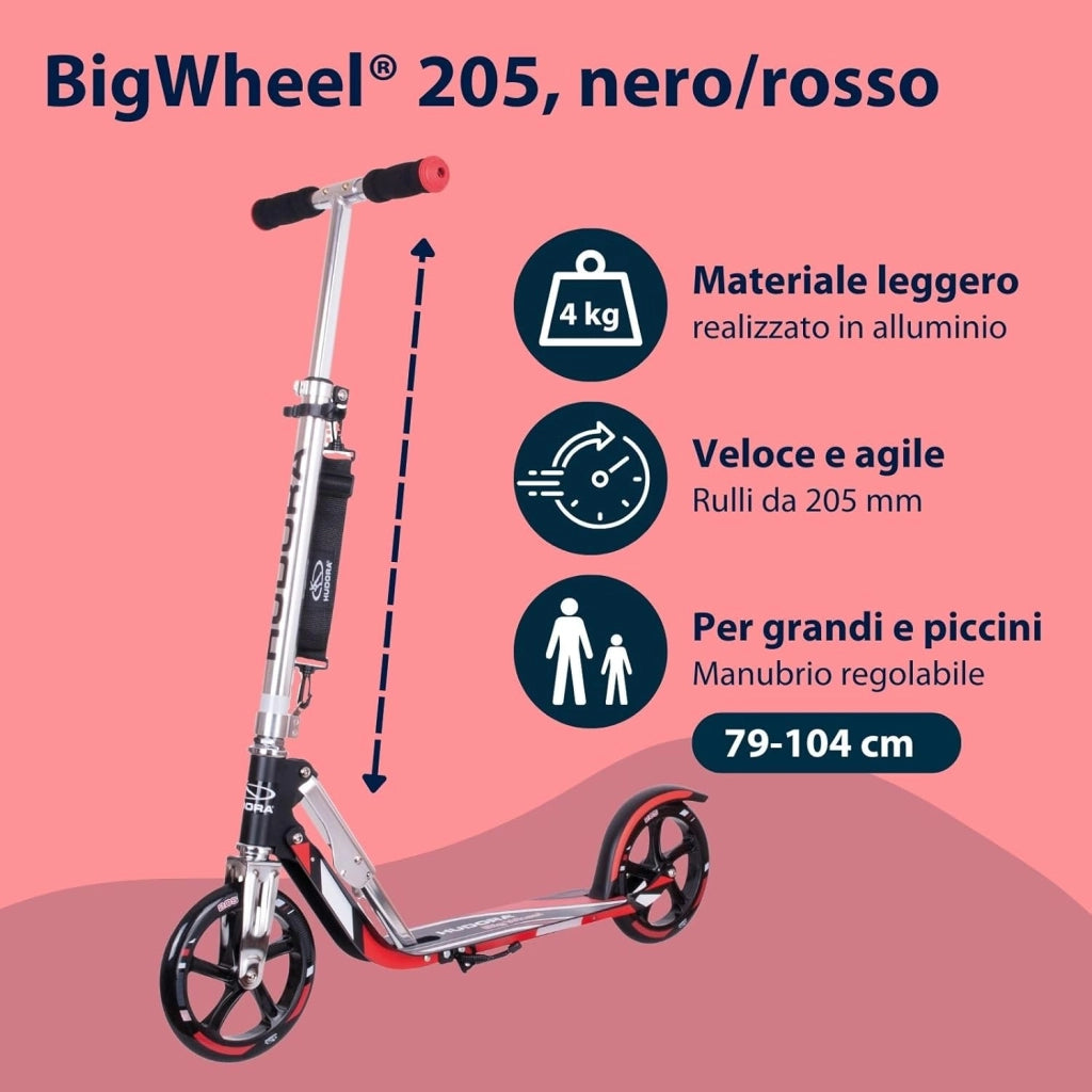 HUDORA Monopattino BigWheel 205 - in alluminio resistente - Monopattino pieghevole regolabile con cavalletto - sportivo per bambini e adulti fino a 100 kg - nero/rosso