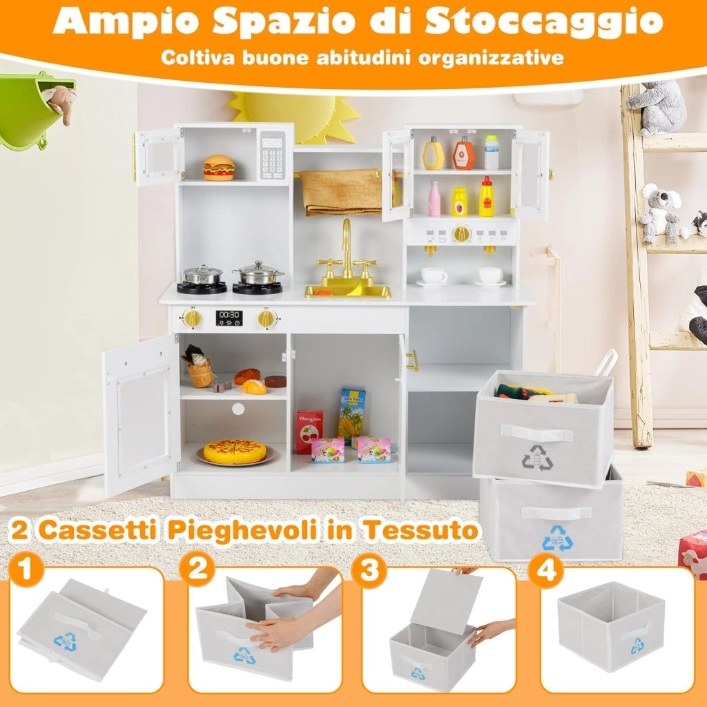 Cucina Giocattolo per Bambini, Cucinetta in Legno con Fornelli con Suoni e Luci, Macchina da Caffè, Microonde, Rubinetto, Lavello e Accessori, per Bambini 3+ Anni (Bianco)