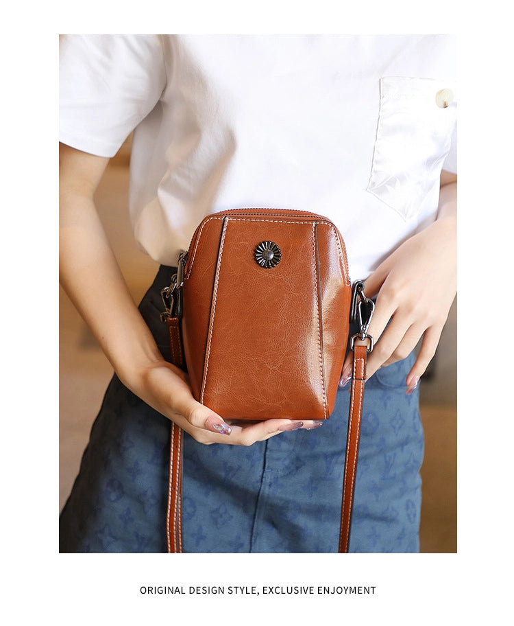 Borsa a tracolla da donna in vera pelle, mini borsa marrone