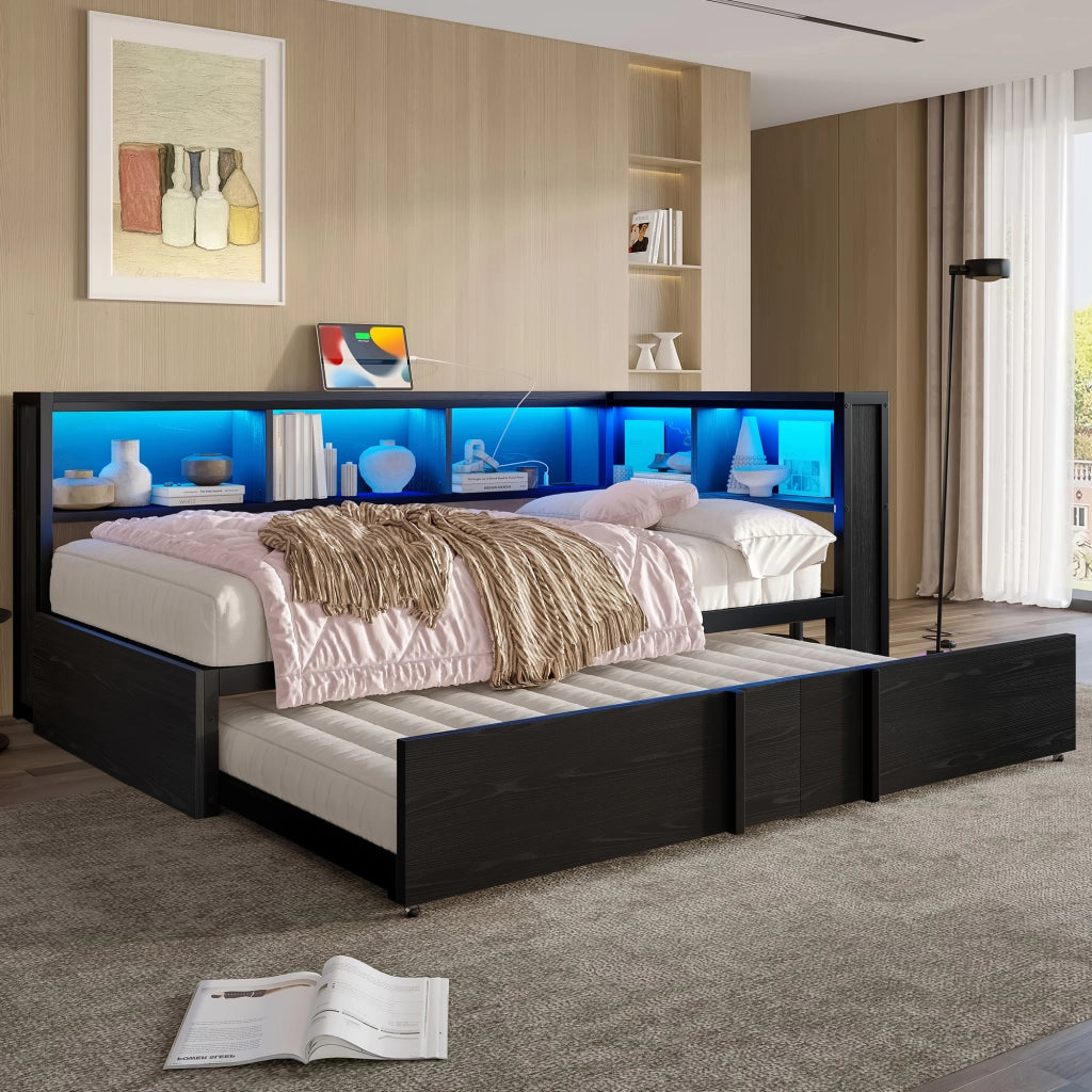 Letto a Divanetto 90 x 200 cm con estraibile; 5 armadi; LED e USB in metallo e MDF nero