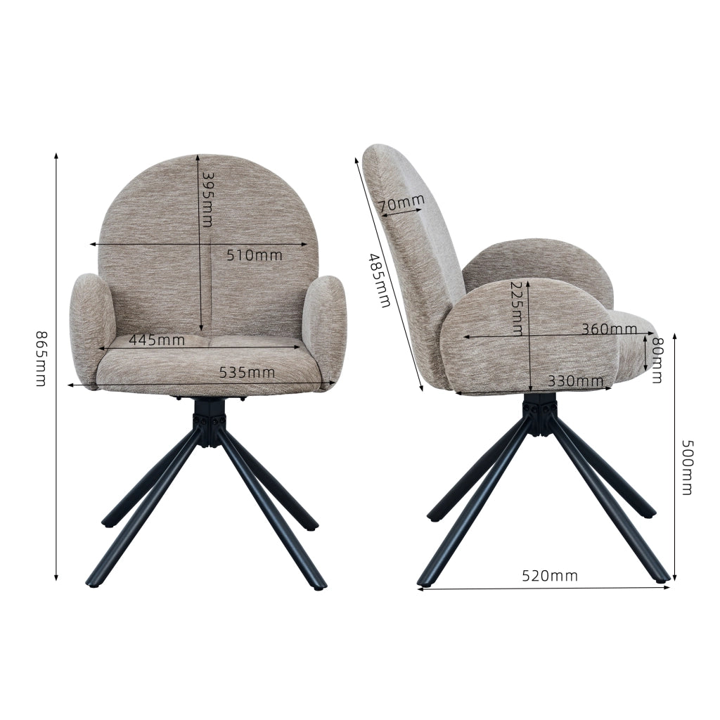 SEDIA Girevole da pranzo Set da 2 pezzi con braccioli Chenille Nero/Taupe