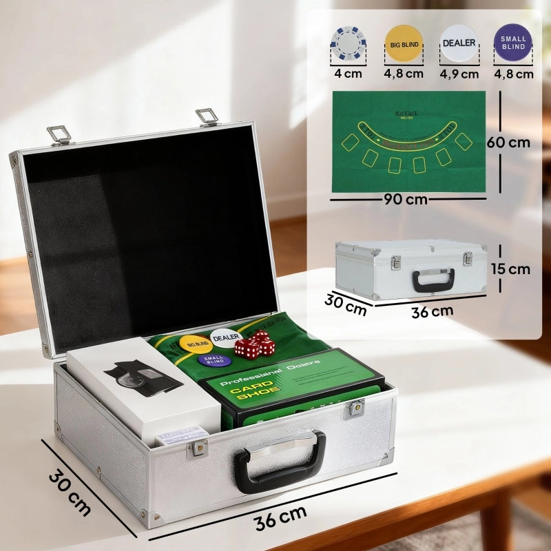 Set da poker, 300 fiches, dadi, 2 mazzi di carte, accessori, custodia, per 8 giocatori