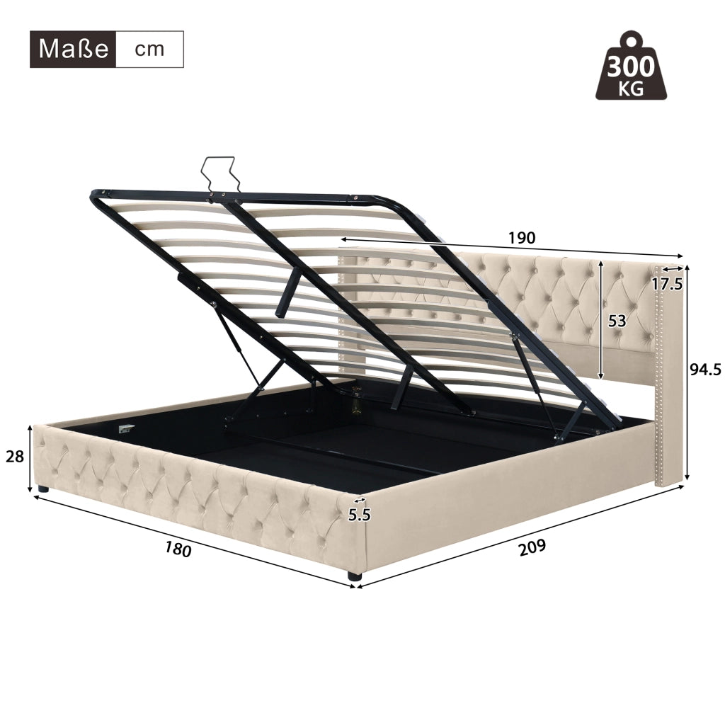 Letto Contenitore Matrimoniale 180x200 cm; Contenitore e Rete a Doghe in Velluto Beige