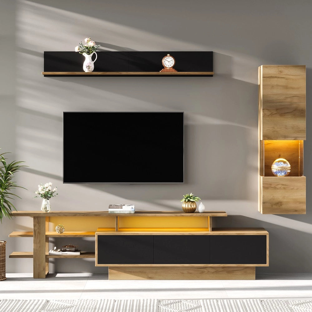TV Wohnwand Set 3-teilig con illuminazione LED - Zephmum - TV fino a 80", 1 armadio, 1 vetrina, 1 scaffale sospeso, colore nero e legno naturale