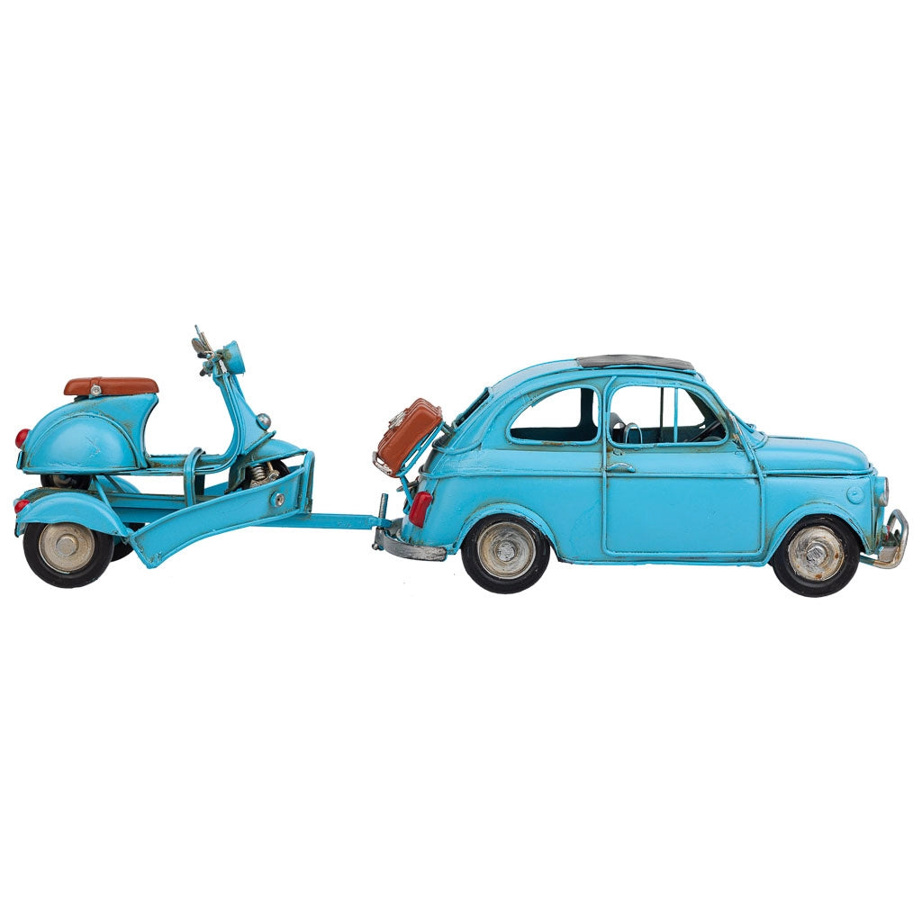 Carro traino con moto in metallo blu 34x10x10,5h