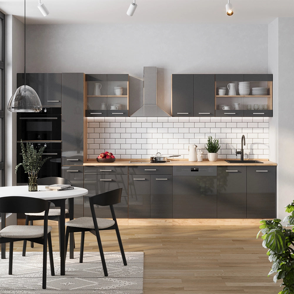 Vicco Cucina componibile Antracite lucido/oro power oak 350 cm con armadio alto, senza piano di lavoro