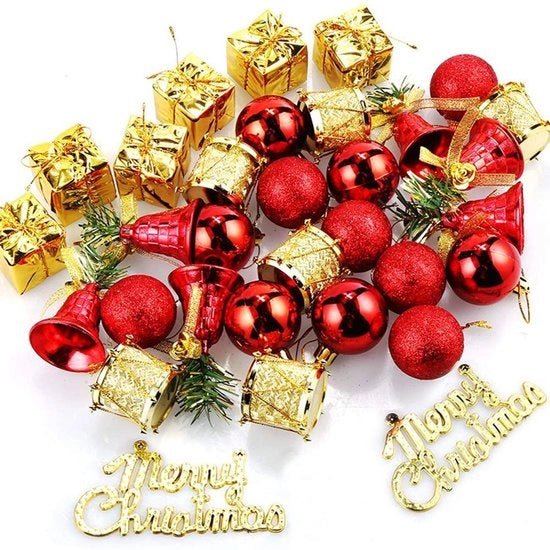Decorazioni di Natale in plastica rossa e dorata, 32 pezzi, opacche e resistenti, utilizzabili per più anni, realizzate in un materiale robusto e resistentente, decorazioni per la festa di Natale.