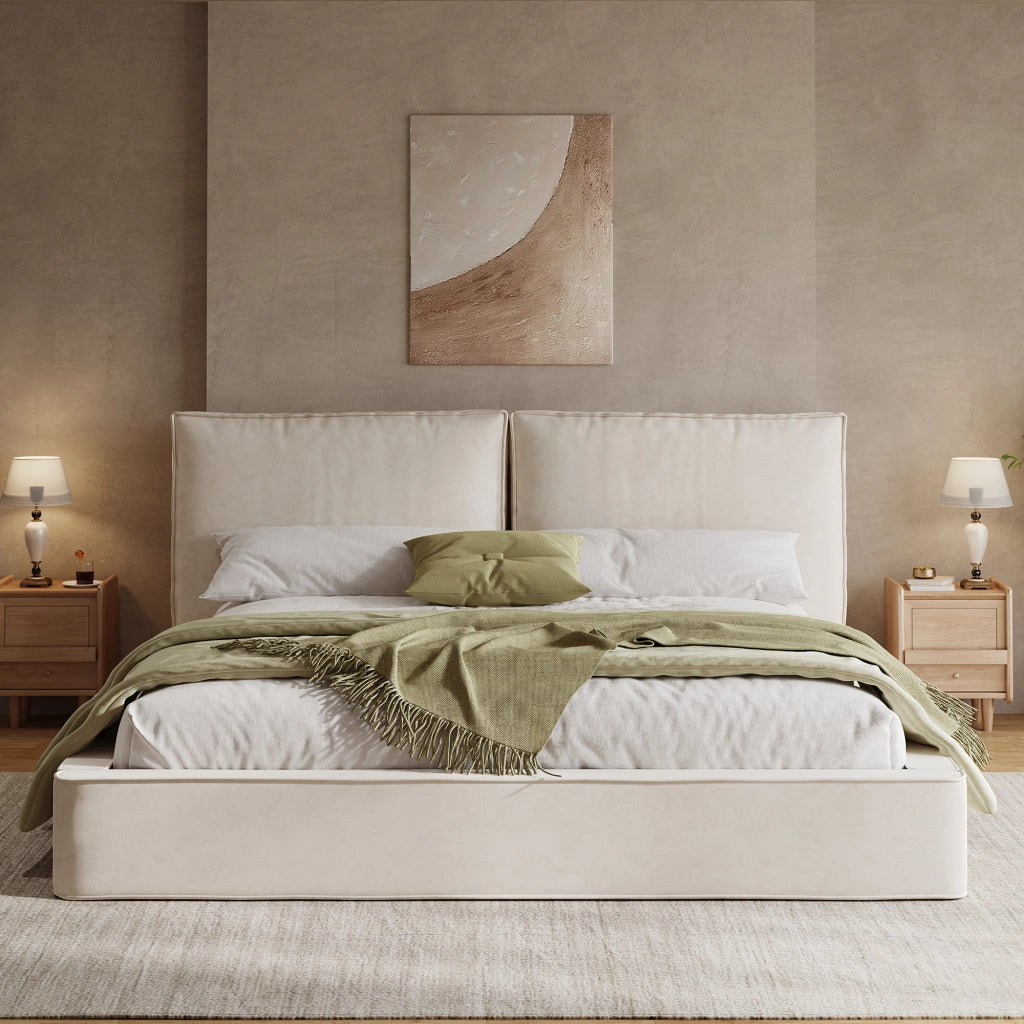 Letto imbottito matrimoniale 180 × 200 cm con testiera imbottita, rete inclusa, senza materasso, in chenille beige