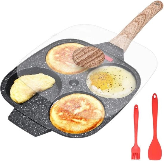 Piatto per 4 porzioni, padella per pancake con coperchio, padella per omelette, rivestimento antiaderente, in alluminio, per colazione, uova cotte, per tutti i fornelli inclusi quelli a induzione.