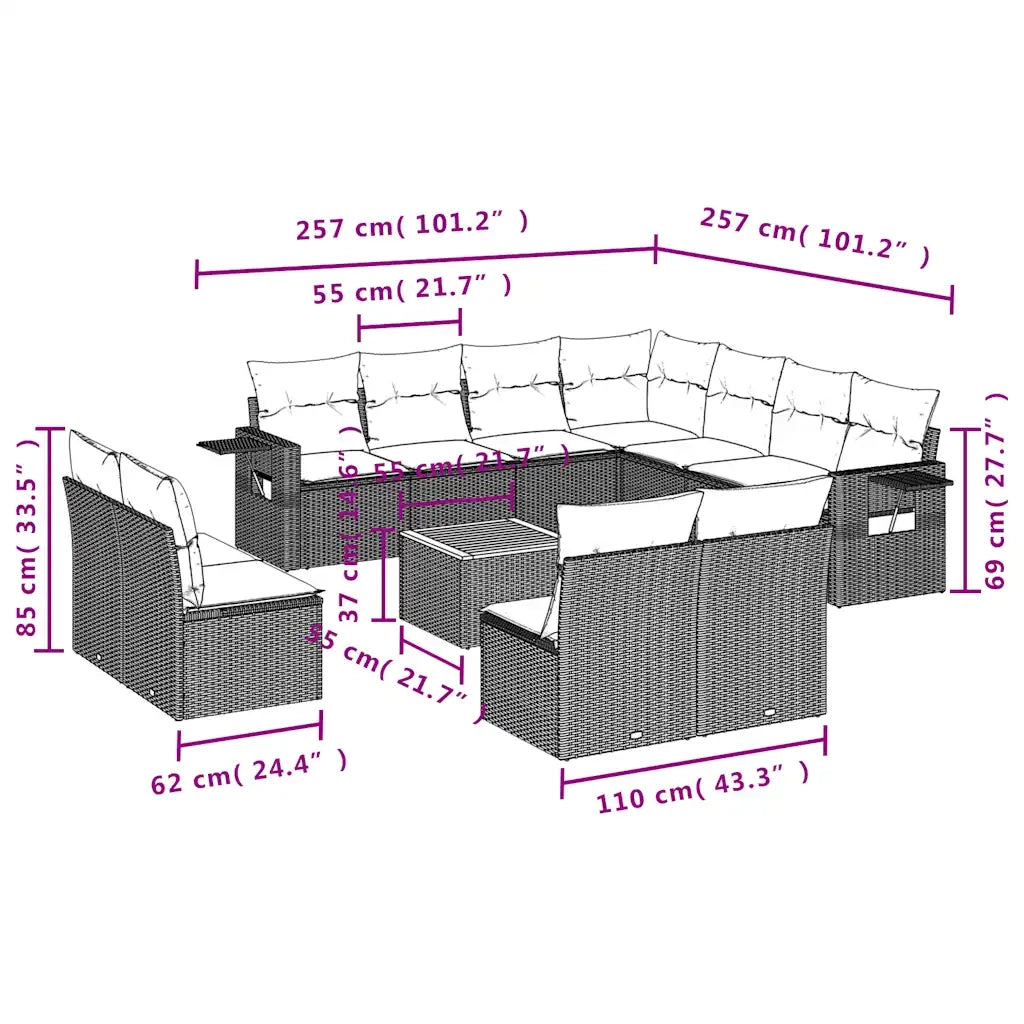 Set Divani da Giardino 12 pz con Cuscini Nero in Polyrattan 3224622
