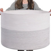 Wastebasket XXL grande, contenitore per stendere, contenitore per bambini, contenitore per giocattoli, corda di cotone, contenitore con maniglia per coperte, cuscini, 55x35cm, bianco