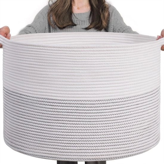 Wastebasket XXL grande, contenitore per stendere, contenitore per bambini, contenitore per giocattoli, corda di cotone, contenitore con maniglia per coperte, cuscini, 55x35cm, bianco