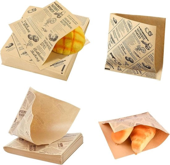 100 pezzi di carta per panino - 15 x 15 cm carta per formaggio - 2 disegni - carta da forno - carta di giornale per confezione di biscotti, patatine o panini