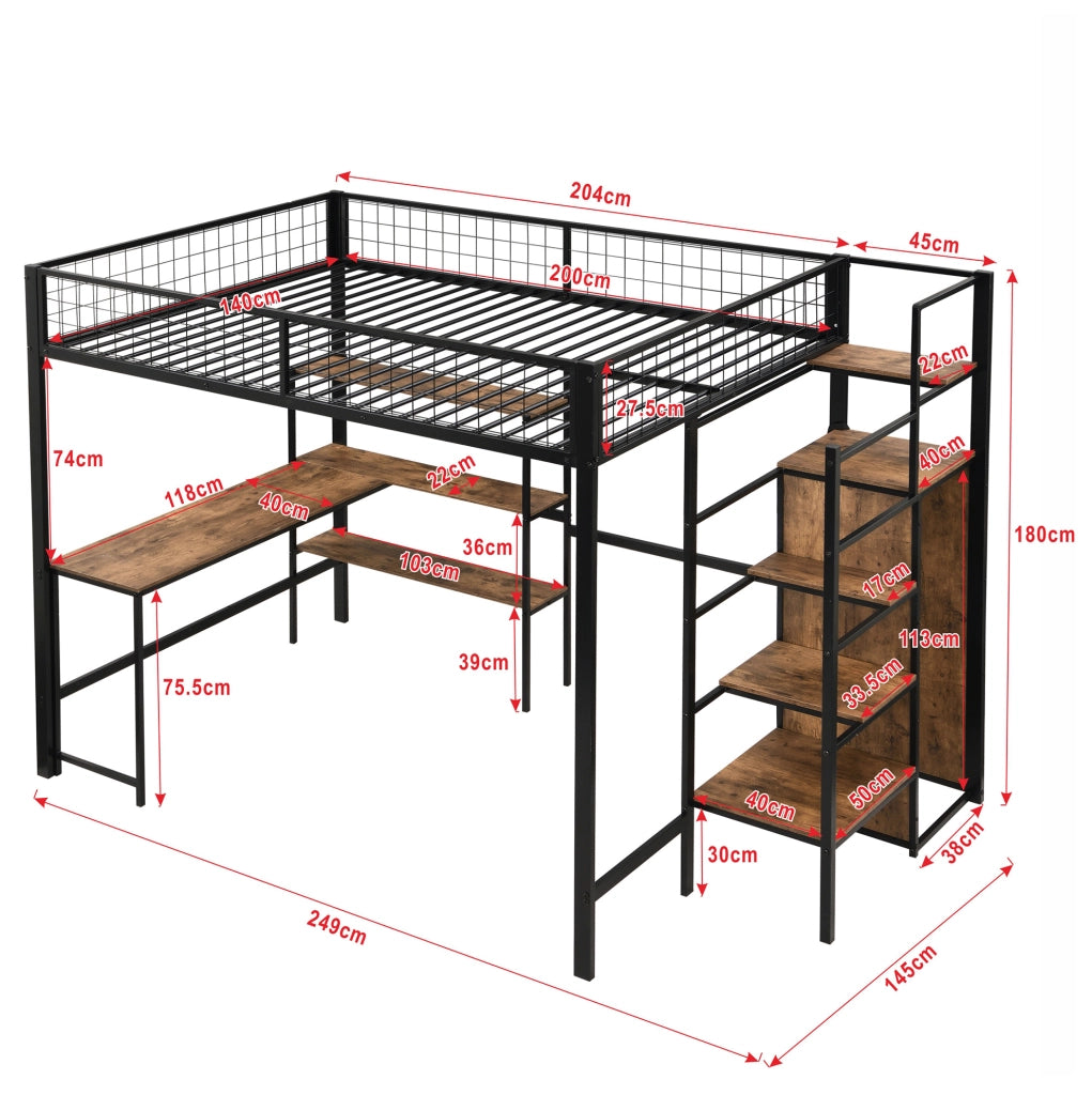 Letto a soppalco 140x200 cm; scrivania e armadio; MDF e metallo; nero e marrone (Senza materasso)