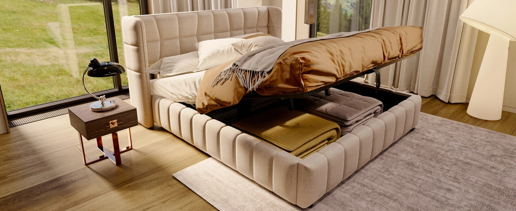 Letto matrimoniale in lino beige 180x200 con doghe pneumatico e testiera