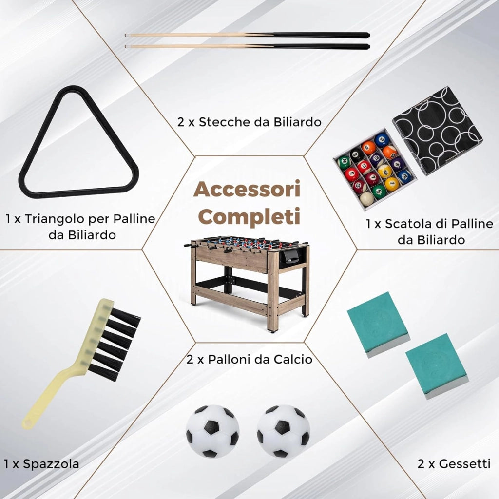 2 in 1 Calcio Balilla, Tavolo da Biliardo con 2 Palline, Stecche Triangolo Spazzola e Gessetti, Tavolo Multigioco per Casa Sala Giochi e Feste