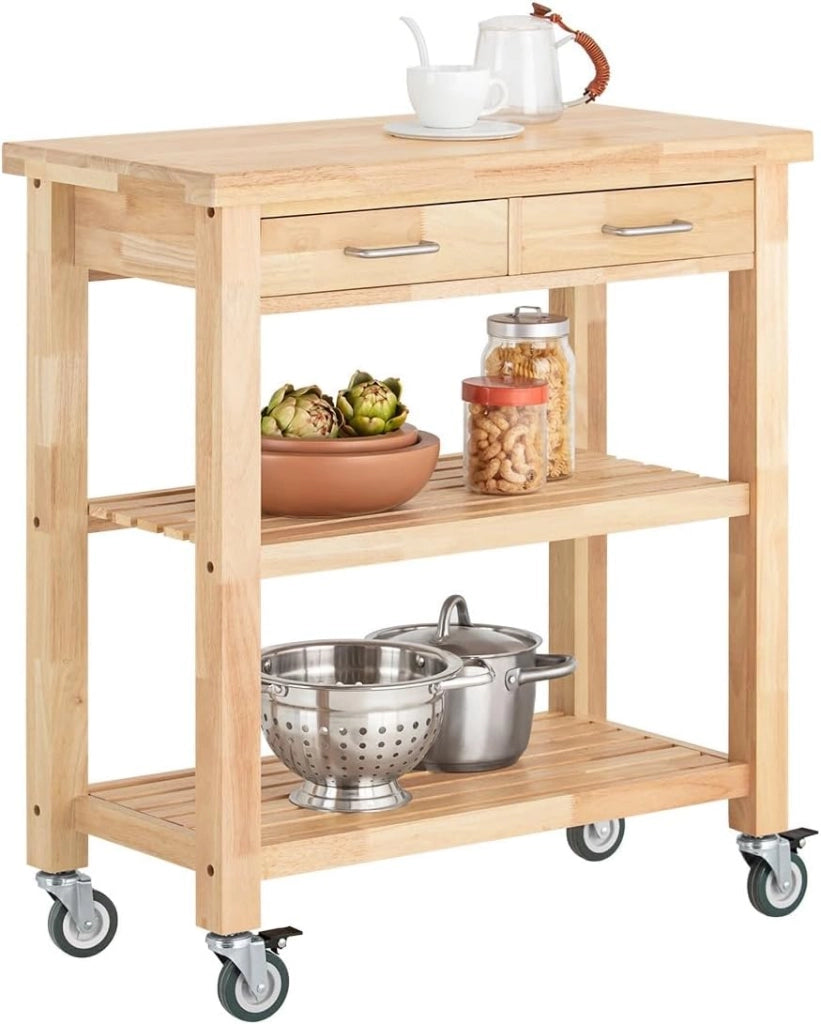 Carrello da Cucina con Ruote, Mobile Cucina Salvaspazio in Legno Massiccio di Hevea – Mobile Soggiorno Credenza con 2 Cassetti e 2 Ripiani 80x40x90 cm FKW24-II-N