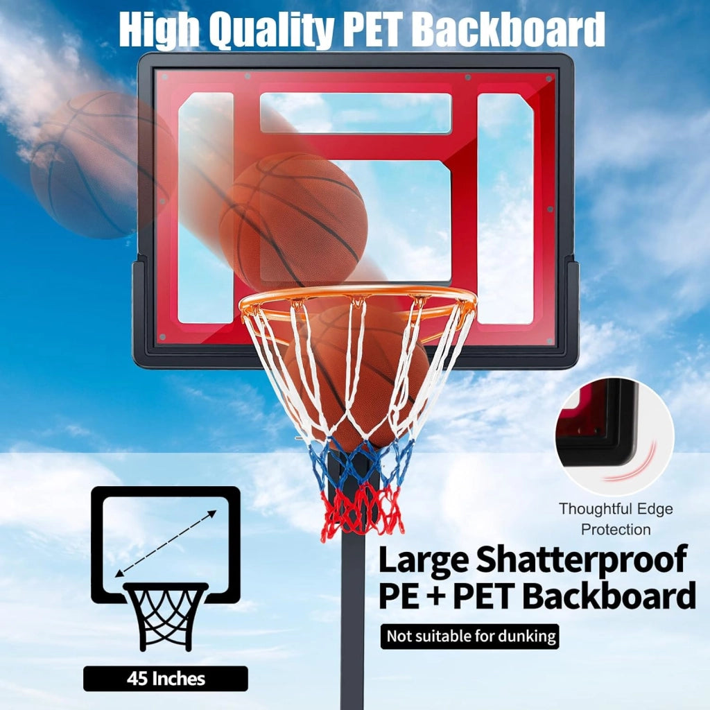 Canestro Basket per Esterno in PE, 10 Livelli di Altezza Regolabile 105-260 cm, Supporto da Basket Portatile con Ruote, Base, Pallacanestro per Interni, per Bambini e Adulti