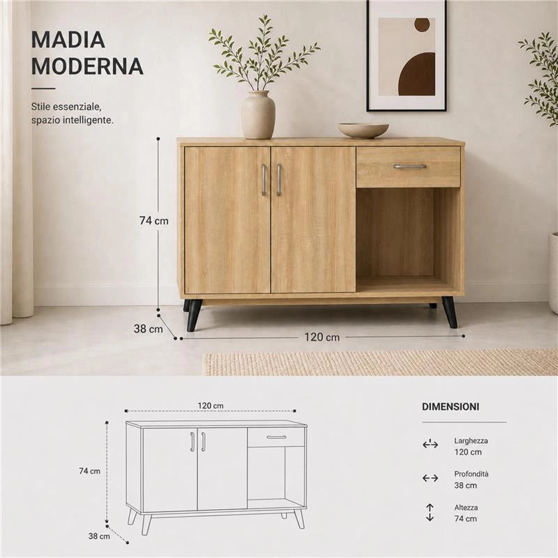 MOBILE IN MDF ROVERE CON DUE ANTE, RIPIANO E CASSETTO MISURE: 120X38X74CM