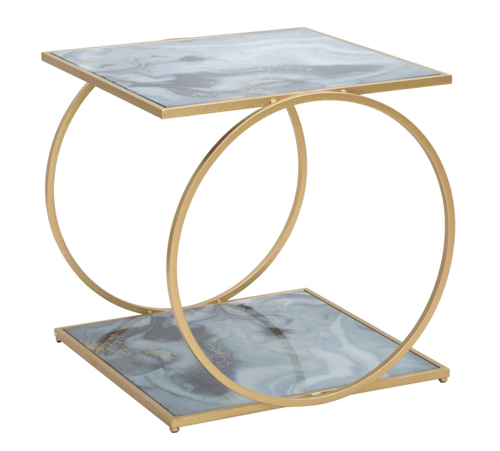 Tavolinetto Glam 2 Level 52,5x50x51 cm in Ferro MDF e Vetro Oro e Multicolor