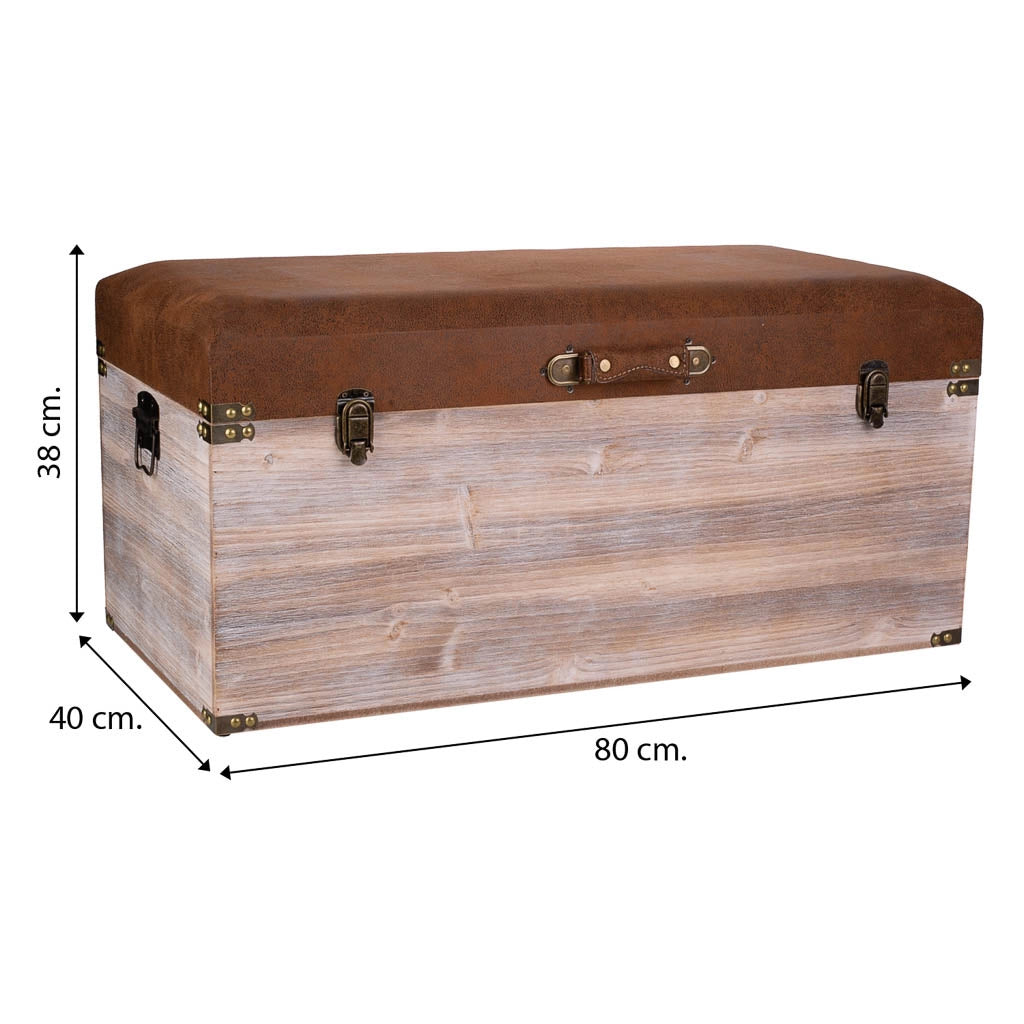 Baule in legno e Sgabello in similpelle marrone 80x40x38h