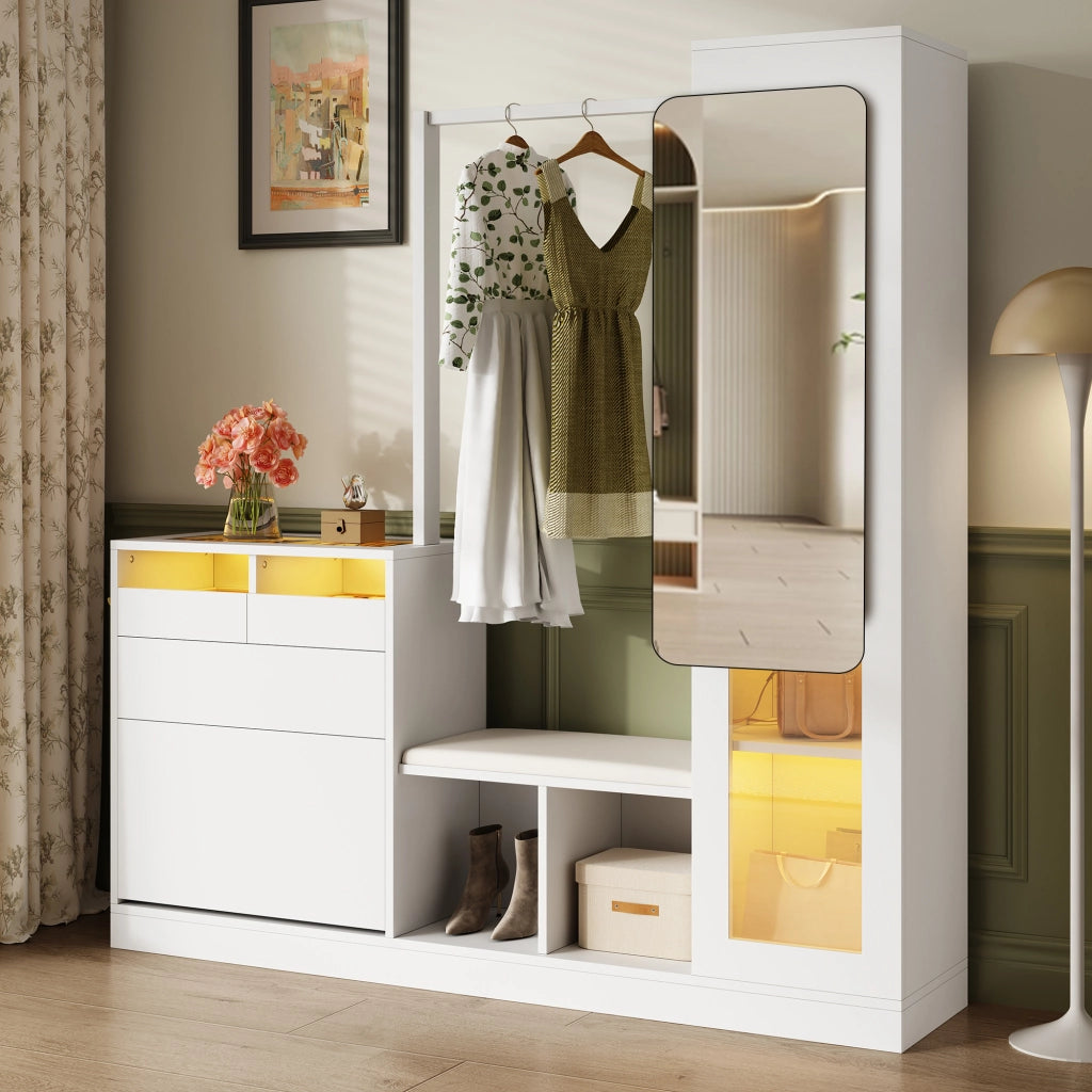 OKWISH Mobile da Ingresso con Vetrina, Panca Scarpiera, Specchio Girevole e LED, Pannello di Particelle, 163 x 50 x 161 cm, Bianco