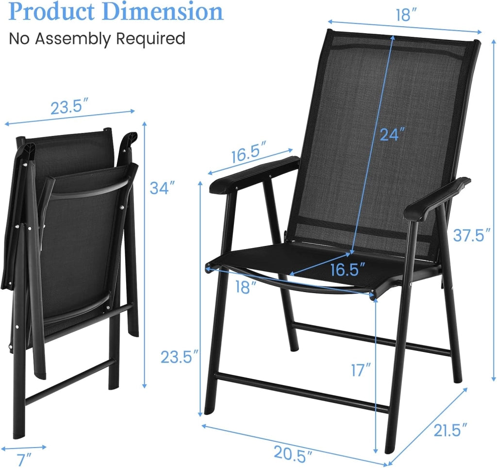 Set di 2 sedie pieghevoli esterne, sedie da giardino in tessuto con braccioli, telaio in metallo, carico 150 kg, sedia da giardino pieghevole per patio, piscina, senza montaggio, nero