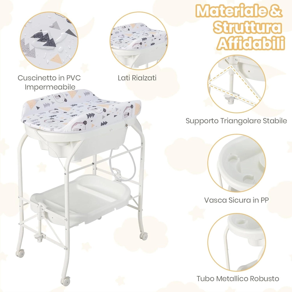 Fasciatoio con Vaschetta Bagnetto 2 in 1, Vasca da Bagno Pieghevole per Bambini, Fasciatoio con Materassino, Cestino Portaoggetti, Ruote con Freno, Portata 35kg+15kg (Bianco)