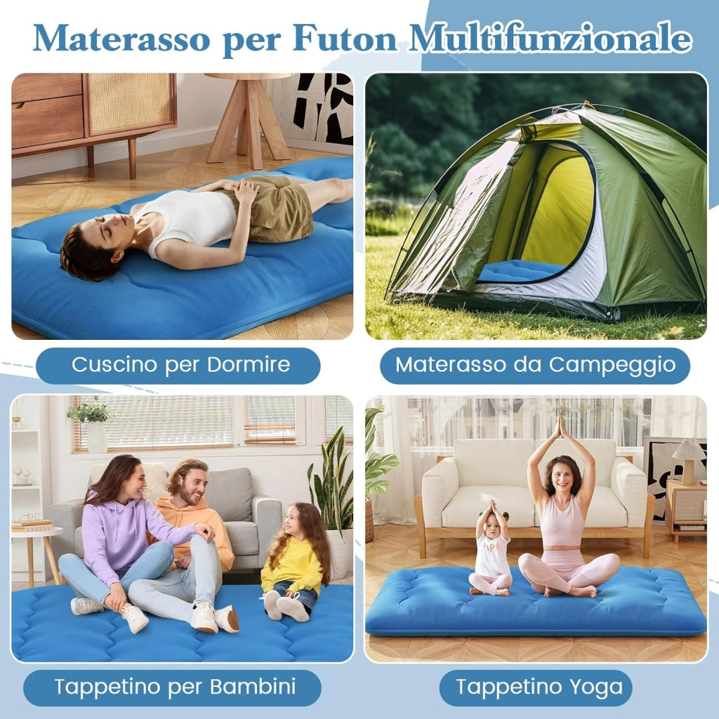 Materasso Futon Pieghevole, Materasso Portatile con Sacca da Trasporto per Camping, Materasso da Terra con Copertura Lavabile (200 x 90 cm, Blu)