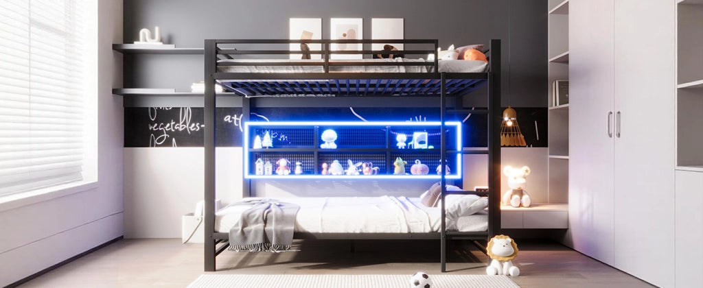 Letto a castello 140x200 in metallo nero con contenitore e luci LED