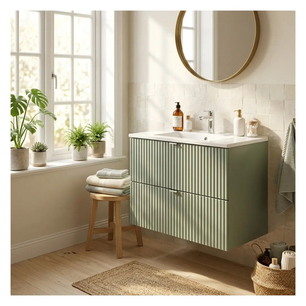 Set da bagno sospeso ELVINA 80cm: mobile sotto lavabo con cassetti verde salvia grigio + lavabo incassato bianco