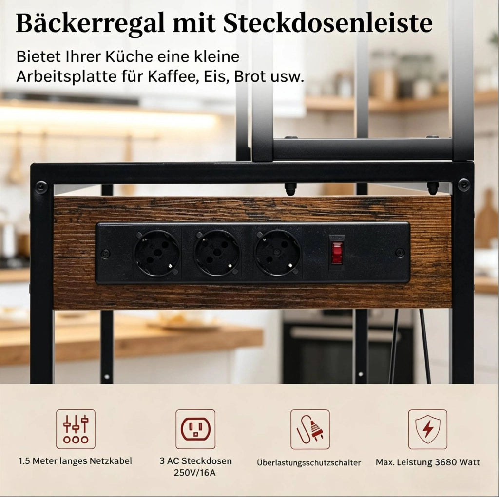 Scaffale cucina con prese, 6 ripiani e ganci, marrone rustico