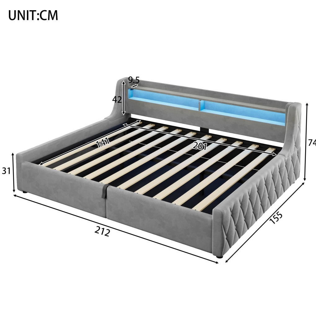 Letto imbottito 140x200 cm con contenitore e LED in flanella grigio