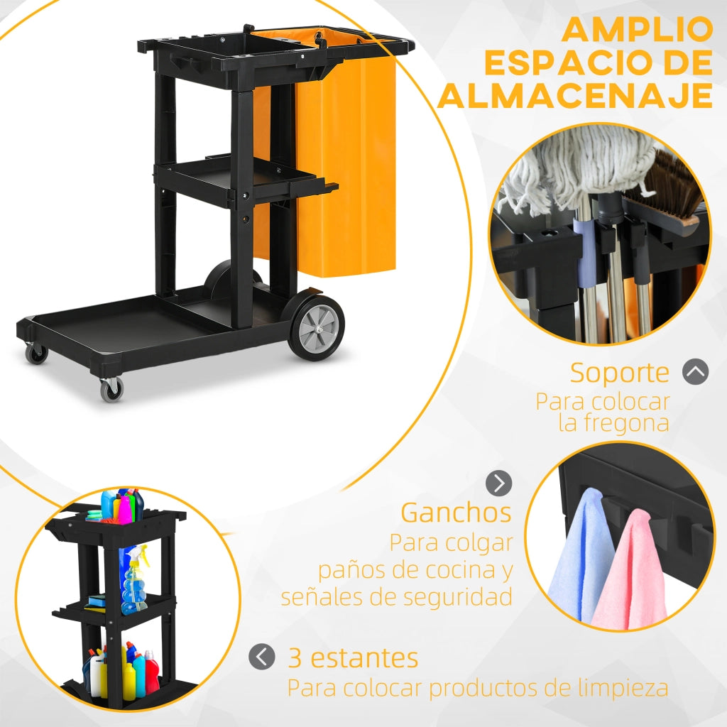 Carrello per Pulizia con 3 Ripiani e Ruote ¨C zephmum ¨C Nero e Giallo 121x50.5x96.5 cm