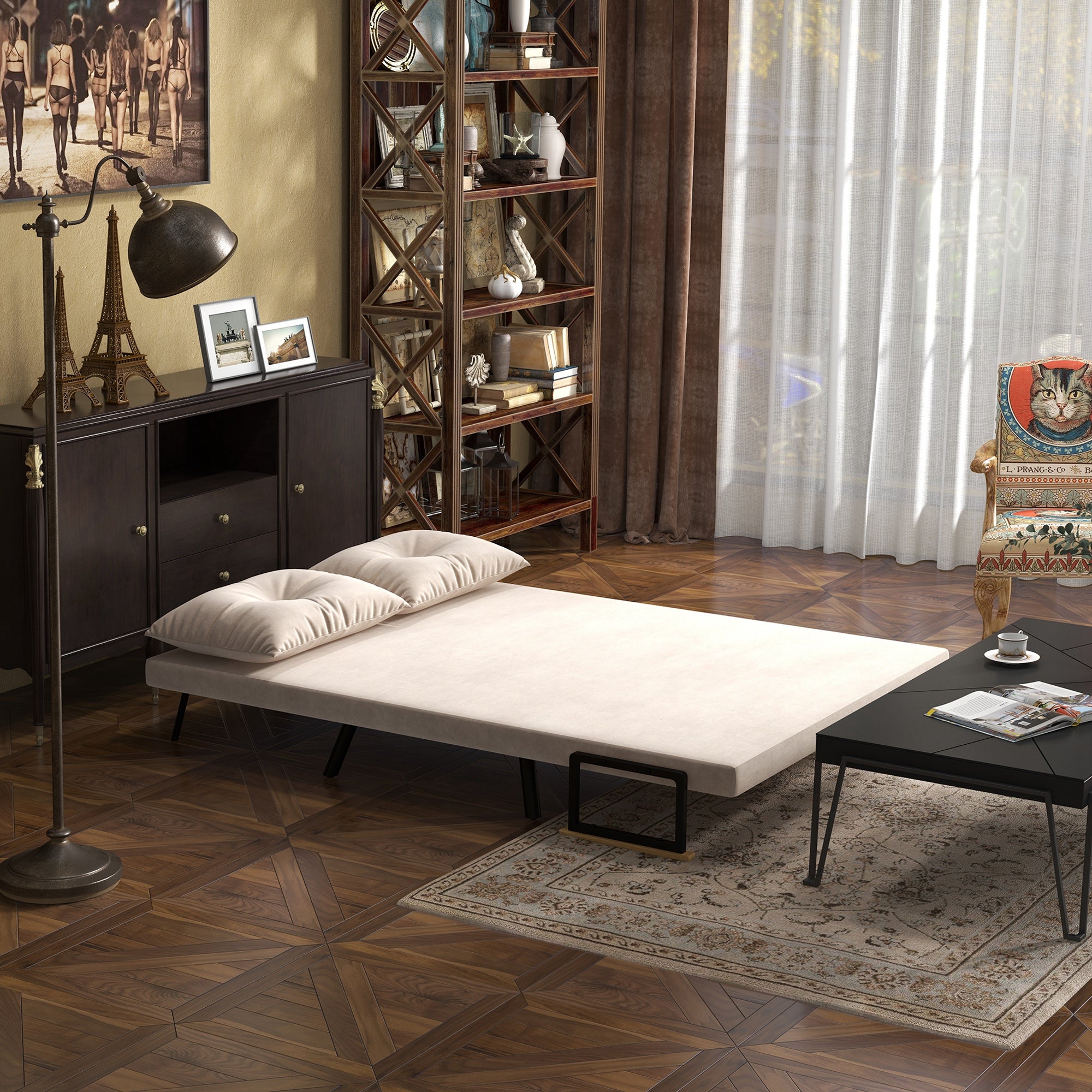 Divano Letto 3 in 1 con Schienale Regolabile e 2 Cuscini 102x73x81 cm in Tessuto Effetto Velluto Beige