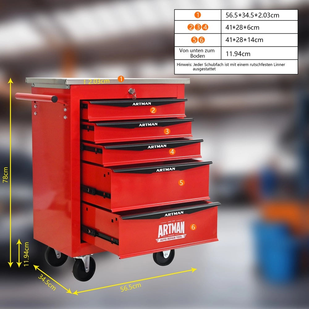Carrello Portautensili 5 Cassetti con Ruote ¨C MINIMAL ¨C Acciaio Inox, Rosso e Nero
