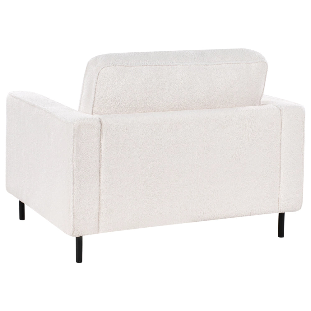 Poltrona in tessuto boucle bianco con cuscini e gambe in metallo stile moderno minimalista
