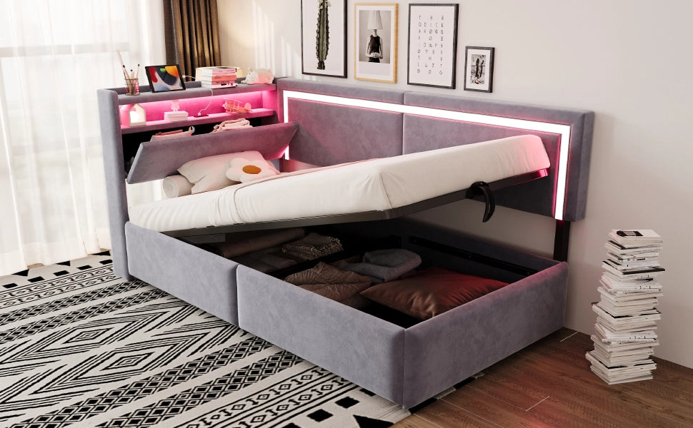 Divano letto imbottito con contenitore sotto il letto, LED e porte USB in velluto grigio chiaro 90 × 200 cm