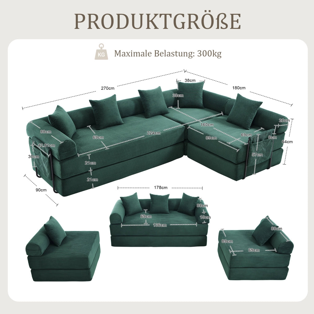 Divano modulare 270x180x64 cm trasformabile in letto; con tasca laterale; corduroy smeraldo