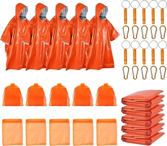 Kit di sopravvivenza da 40 pezzi: sacchi di sopravvivenza, poncho impermeabili, fischietti di segnalazione, ganci di lancio e borse di stivaggio - impermeabili e termoisolanti per avventure all'aperto