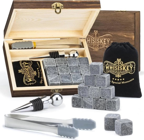 Set di Pietre di Whisky in Pietra - Blocchi di Ghiaccio Riciclabili - Regalo per Appassionati di Whisky - Completo con Borsa di Velluto e Accessori