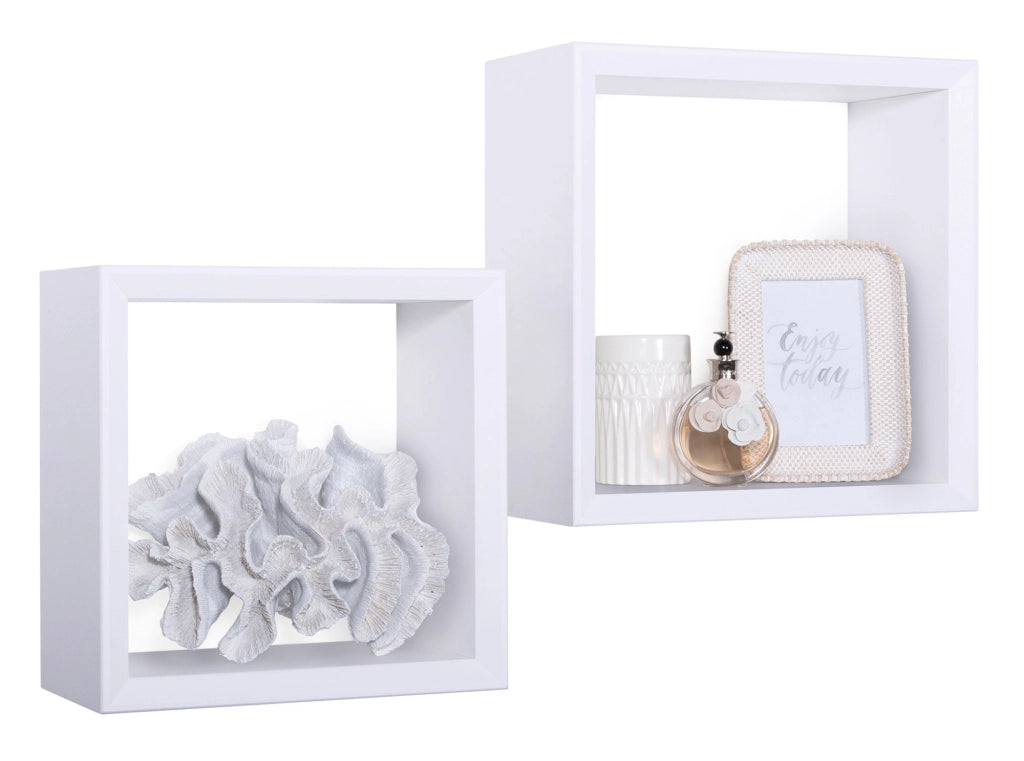 Set 2 Mensole Cubo da Parete Quadrato in Fibra di Legno Ginevra Bianco